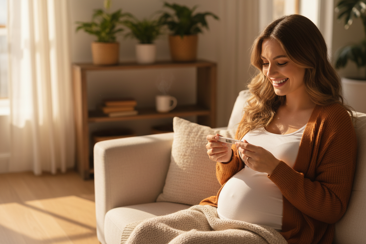 HAPPY PREGNANT WOMEN WITH PREGNANCY TEST